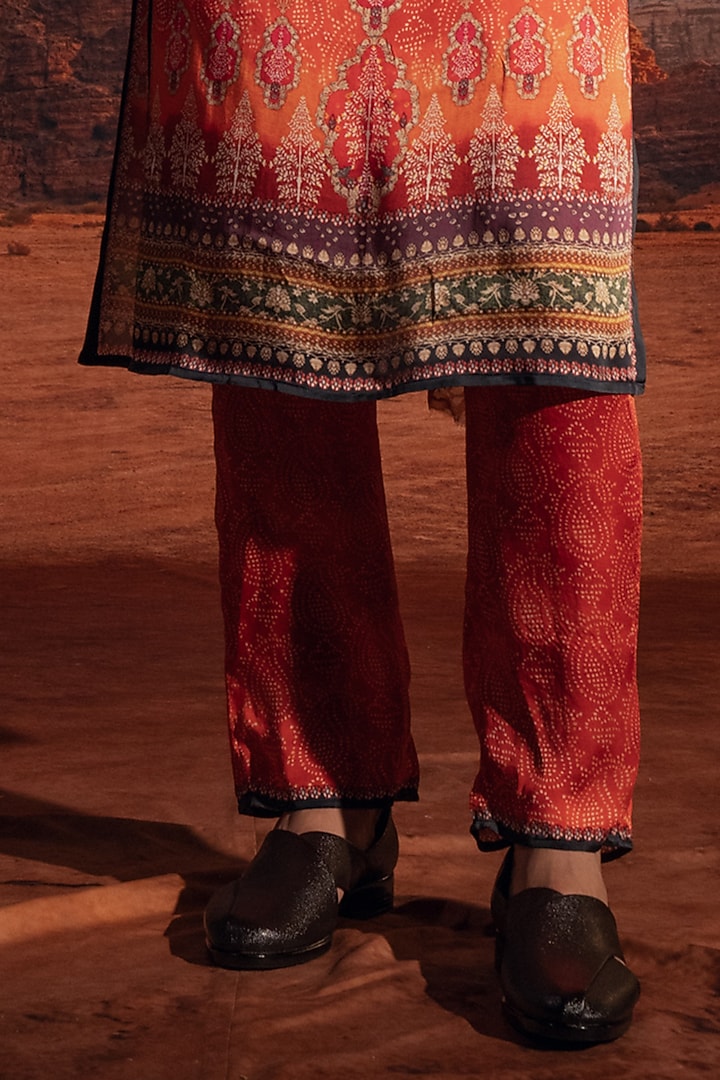 Orange Satin Printed Kurta Set by Rajdeep Ranawat Men at Pernia's Pop Up Shop
