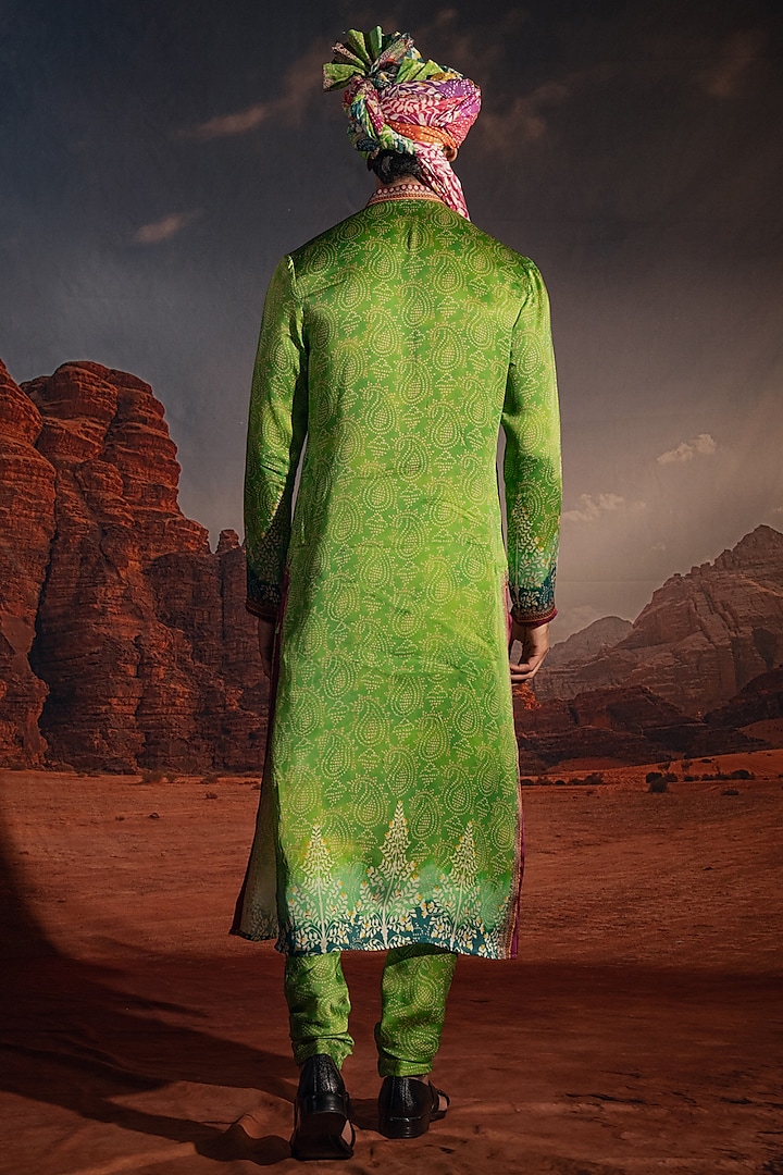 Kiwi Green Satin Printed Kurta Set by Rajdeep Ranawat Men at Pernia's Pop Up Shop