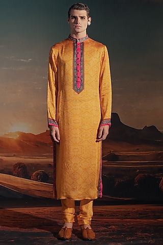 Marigold Yellow Bemberg Satin Printed Kurta Set by Rajdeep Ranawat Men