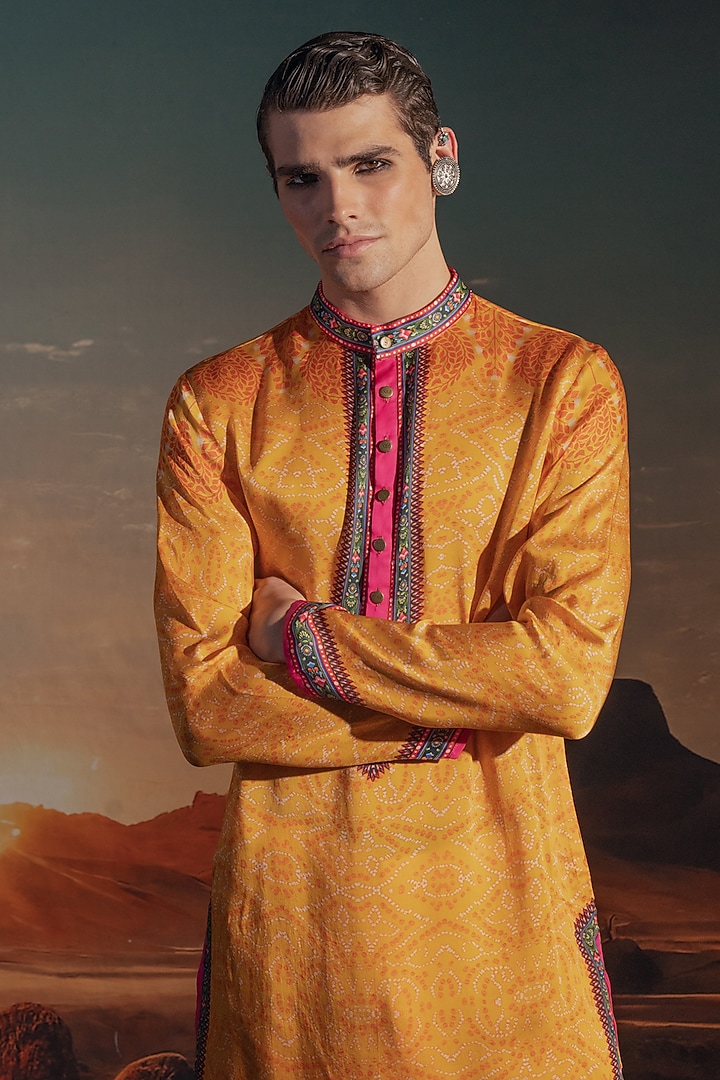 Marigold Yellow Bemberg Satin Printed Kurta Set by Rajdeep Ranawat Men at Pernia's Pop Up Shop