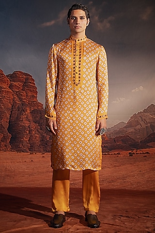 Mustard Satin Printed Kurta Set by Rajdeep Ranawat Men