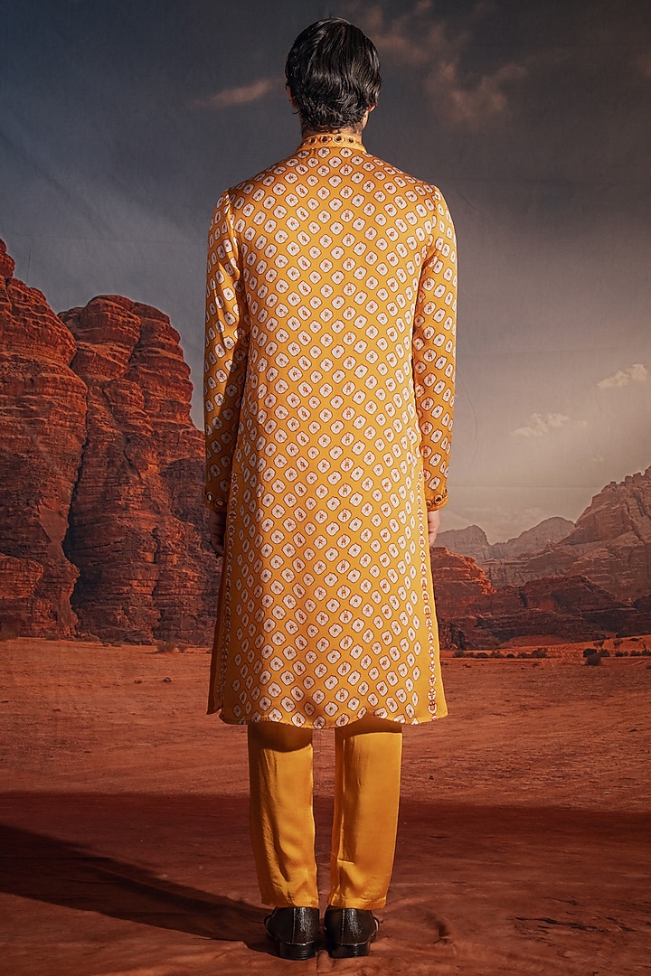Mustard Satin Printed Kurta Set by Rajdeep Ranawat Men at Pernia's Pop Up Shop