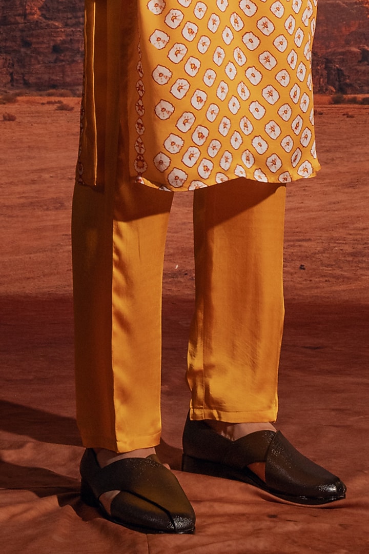 Mustard Satin Printed Kurta Set by Rajdeep Ranawat Men at Pernia's Pop Up Shop