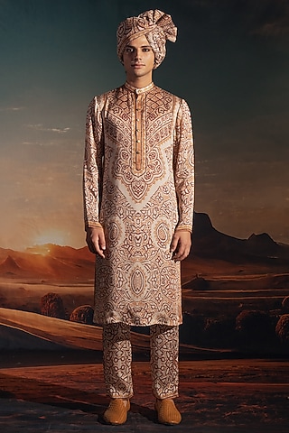 Ivory Satin Printed Kurta Set by Rajdeep Ranawat Men