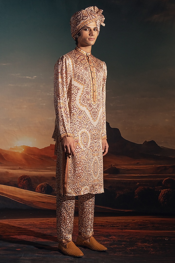 Ivory Satin Printed Kurta Set by Rajdeep Ranawat Men at Pernia's Pop Up Shop