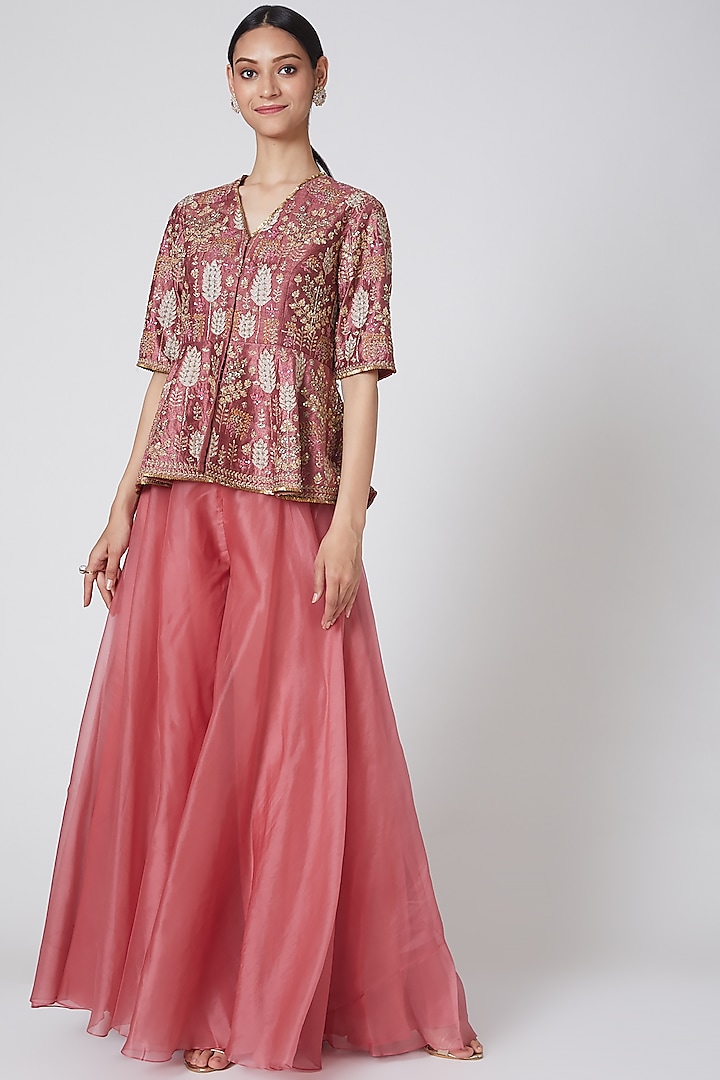 Rust Pink Embroidered Sharara Pant Set by Ridhi Mehra at Pernia's Pop Up Shop