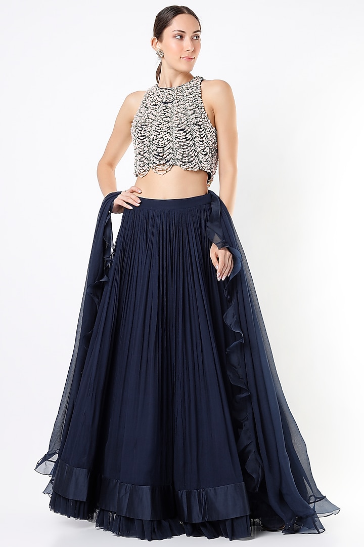 Navy Blue Ruched Wedding Lehenga Set by Ridhi Mehra at Pernia's Pop Up Shop