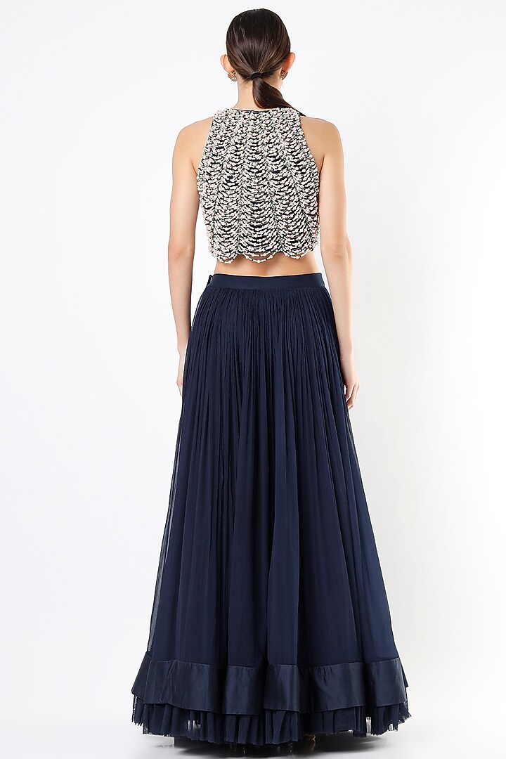 Navy Blue Ruched Wedding Lehenga Set by Ridhi Mehra at Pernia's Pop Up Shop