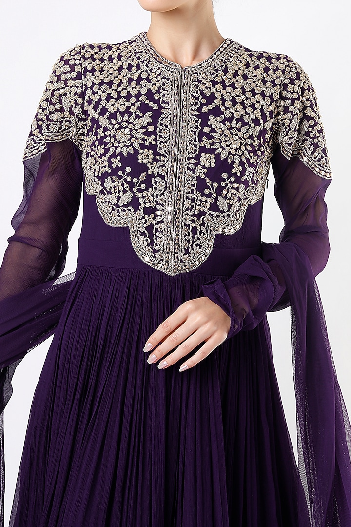 Violet Embroidered Bridal Anarkali Set by Ridhi Mehra at Pernia's Pop Up Shop