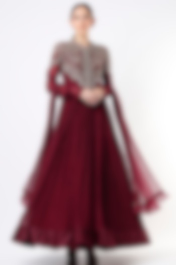 Maroon Embroidered Bridal Anarkali Set by Ridhi Mehra at Pernia's Pop Up Shop