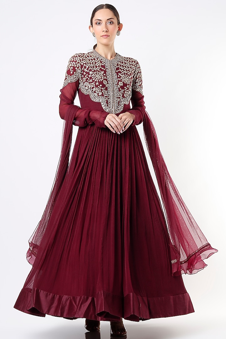 Maroon Embroidered Bridal Anarkali Set by Ridhi Mehra at Pernia's Pop Up Shop