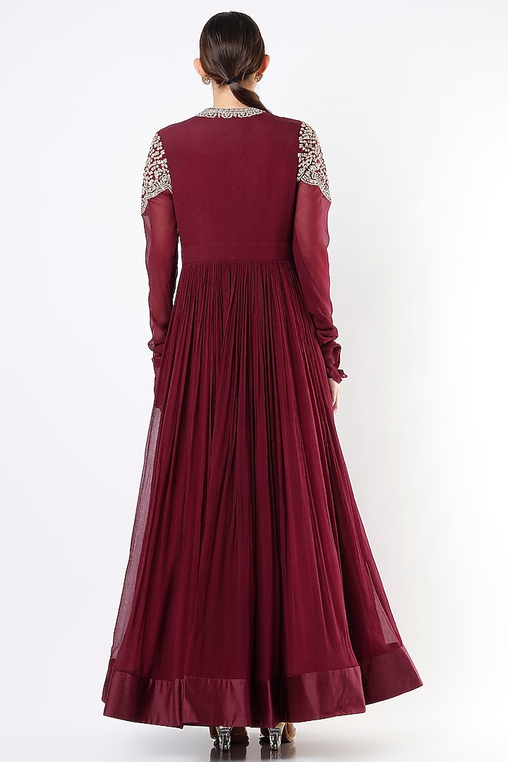 Maroon Embroidered Bridal Anarkali Set by Ridhi Mehra at Pernia's Pop Up Shop