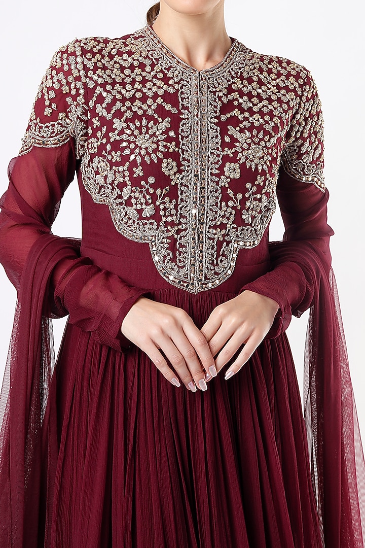 Maroon Embroidered Bridal Anarkali Set by Ridhi Mehra at Pernia's Pop Up Shop