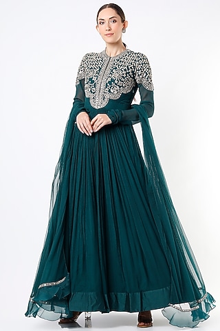 Teal Blue Embroidered Anarkali Set by Ridhi Mehra