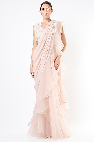 Chalk Pink Chiffon & Organza Ruffled Draped Saree Set by Ridhi Mehra