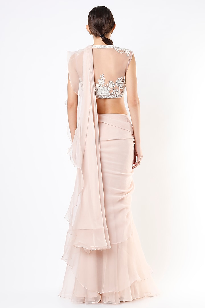 Chalk Pink Chiffon & Organza Ruffled Draped Reception Saree Set by Ridhi Mehra at Pernia's Pop Up Shop