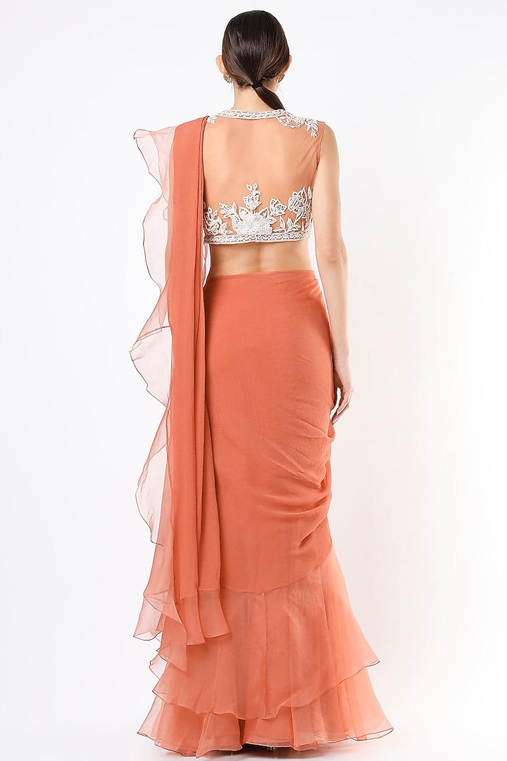 Orange Ruffled Draped Reception Saree Set by Ridhi Mehra at Pernia's Pop Up Shop