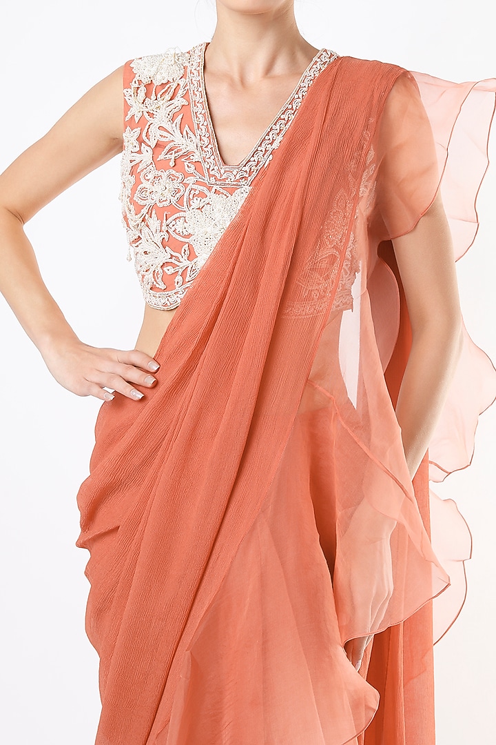 Orange Ruffled Draped Reception Saree Set by Ridhi Mehra at Pernia's Pop Up Shop