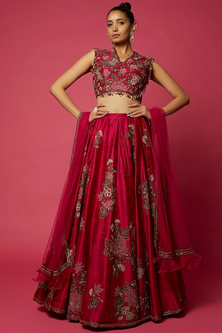 Fuchsia Raw Silk Embroidered Lehenga Set by Ridhi Mehra