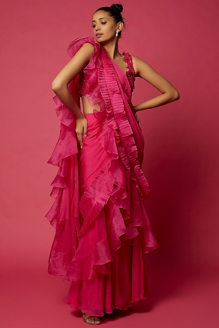 Pink Chiffon Organza Draped Ruffle Saree Set by Ridhi Mehra at Pernia's Pop Up Shop