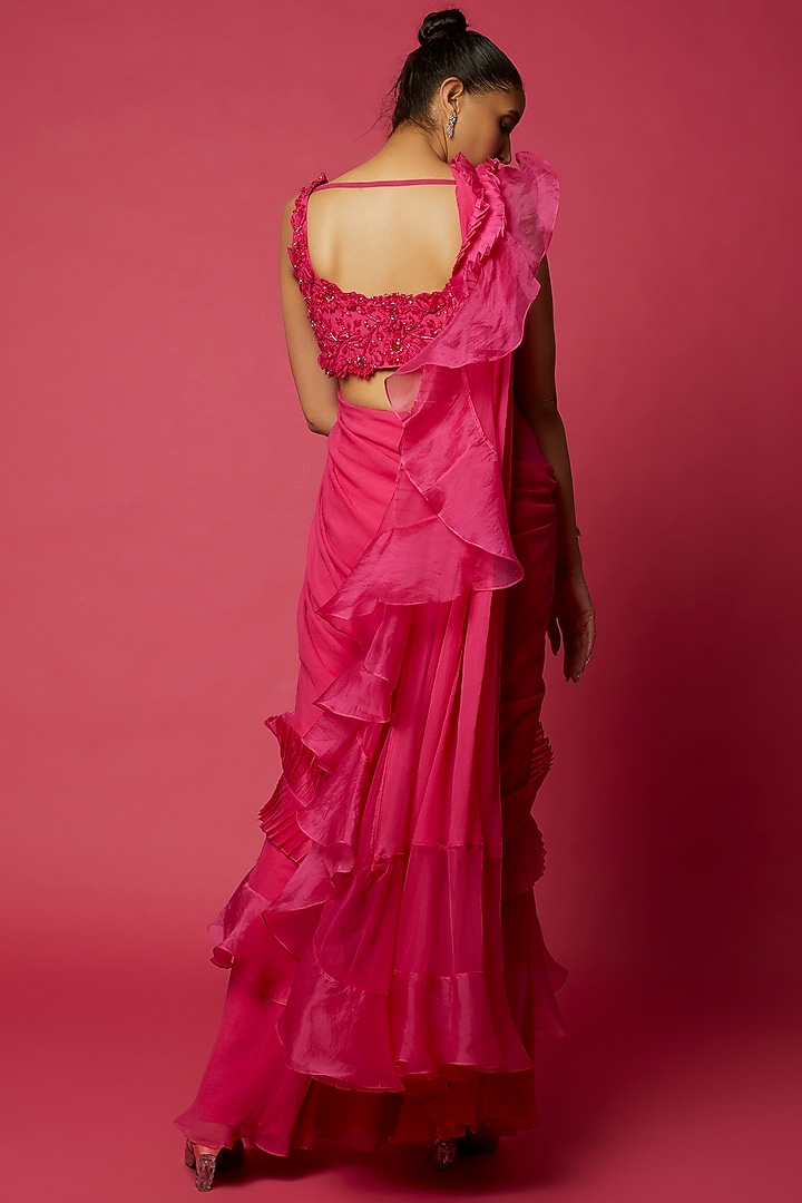 Pink Chiffon Organza Draped Ruffle Reception Saree Set by Ridhi Mehra at Pernia's Pop Up Shop