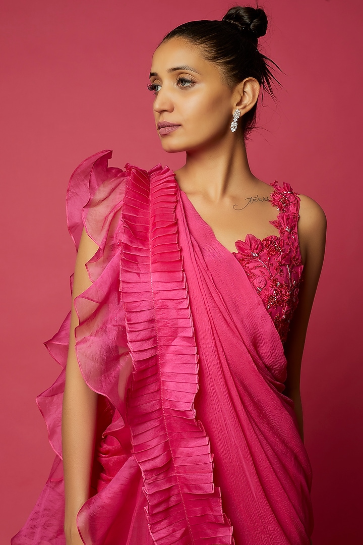 Pink Chiffon Organza Draped Ruffle Reception Saree Set by Ridhi Mehra at Pernia's Pop Up Shop