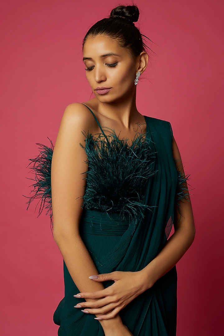 Emerald Green Chiffon Draped Reception Gown Saree by Ridhi Mehra at Pernia's Pop Up Shop