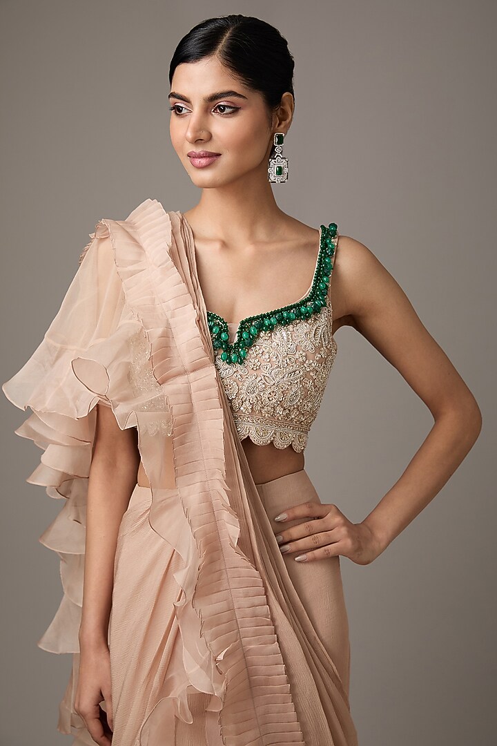 Champagne Chiffon & Organza Ruffled Reception Saree Set by Ridhi Mehra at Pernia's Pop Up Shop