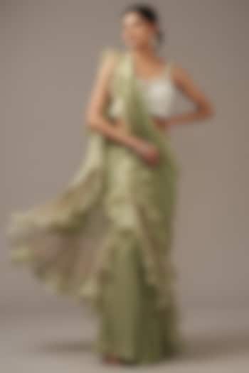 Sage Green Chiffon Draped Ruffled Reception Saree Set by Ridhi Mehra at Pernia's Pop Up Shop