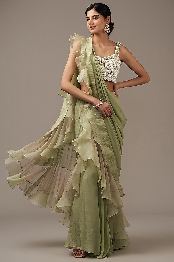 Sage Green Chiffon Draped Ruffled Reception Saree Set by Ridhi Mehra at Pernia's Pop Up Shop