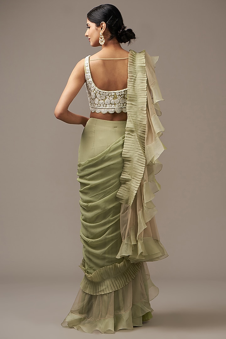 Sage Green Chiffon Draped Ruffled Reception Saree Set by Ridhi Mehra at Pernia's Pop Up Shop