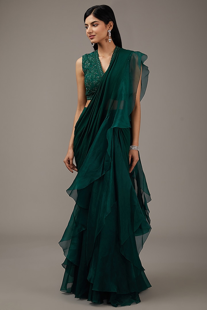 Emerald Chiffon & Organza Ruffled Saree Set by Ridhi Mehra