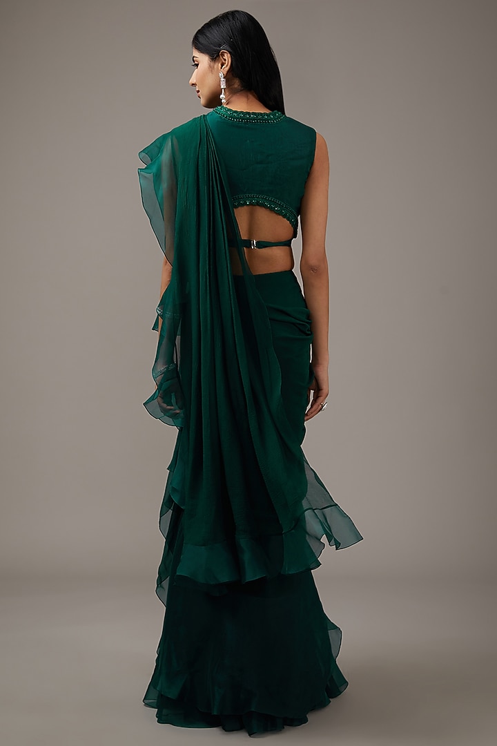 Emerald Chiffon & Organza Ruffled Reception Saree Set by Ridhi Mehra at Pernia's Pop Up Shop