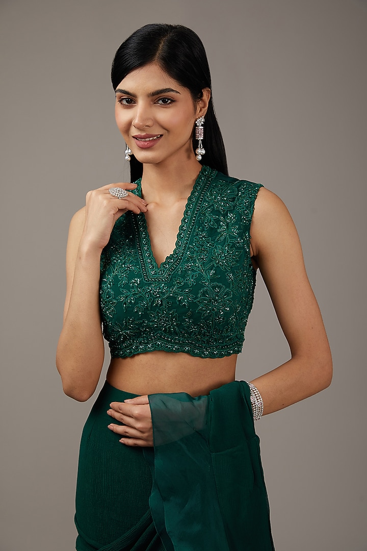 Emerald Chiffon & Organza Ruffled Reception Saree Set by Ridhi Mehra at Pernia's Pop Up Shop