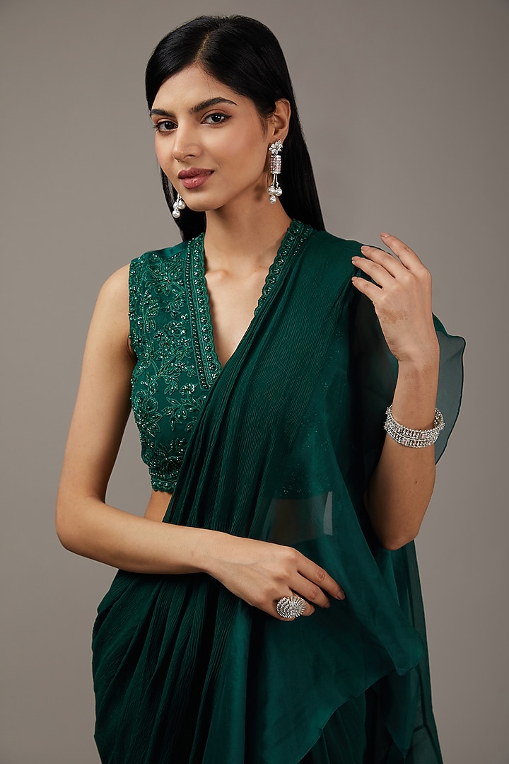 Emerald Chiffon & Organza Ruffled Reception Saree Set by Ridhi Mehra at Pernia's Pop Up Shop