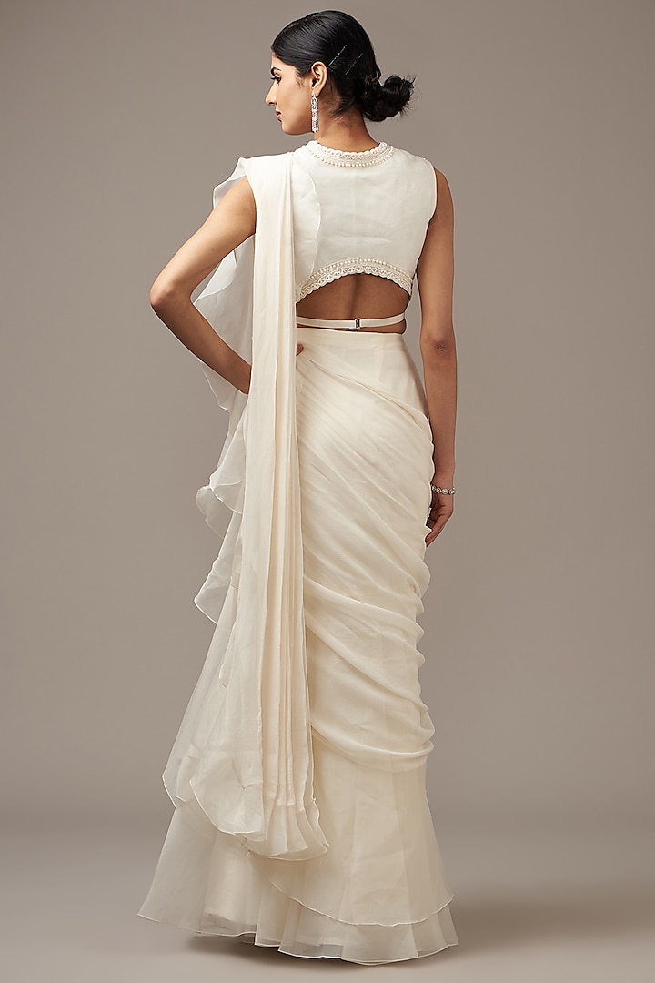 Ivory Chiffon & Organza Ruffled Reception Saree Set by Ridhi Mehra at Pernia's Pop Up Shop