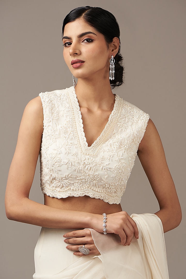 Ivory Chiffon & Organza Ruffled Reception Saree Set by Ridhi Mehra at Pernia's Pop Up Shop