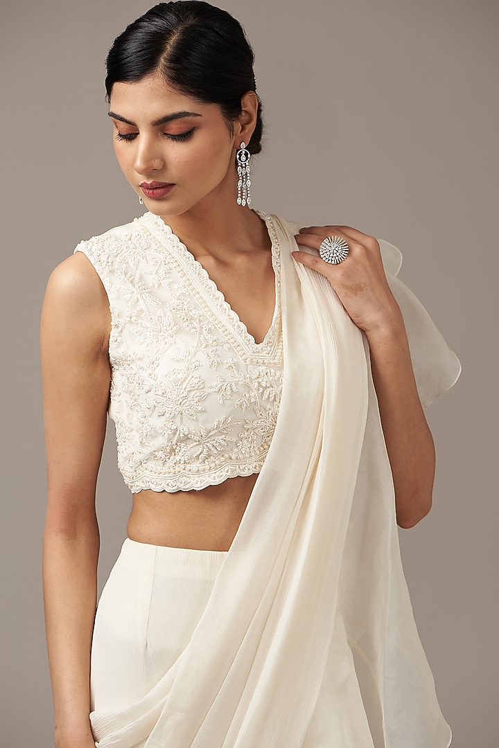 Ivory Chiffon & Organza Ruffled Reception Saree Set by Ridhi Mehra at Pernia's Pop Up Shop