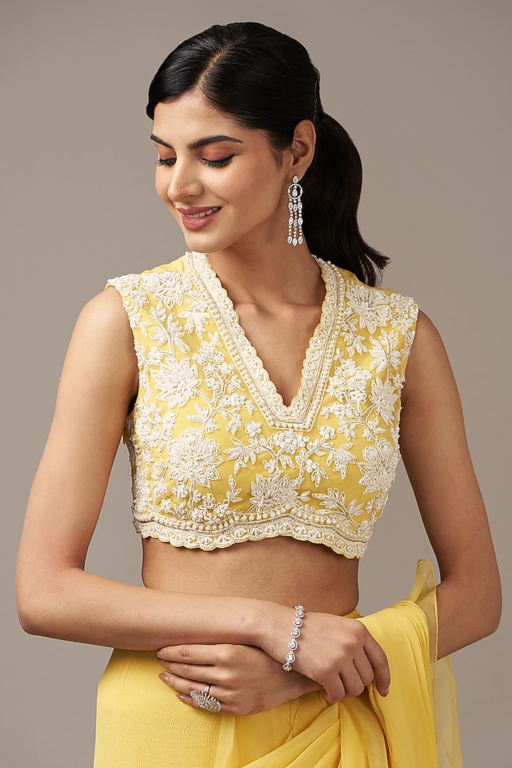 Yellow Chiffon & Organza Ruffled Reception Saree Set by Ridhi Mehra at Pernia's Pop Up Shop