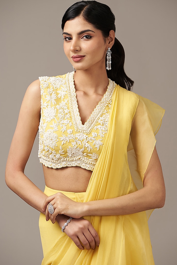 Yellow Chiffon & Organza Ruffled Reception Saree Set by Ridhi Mehra at Pernia's Pop Up Shop