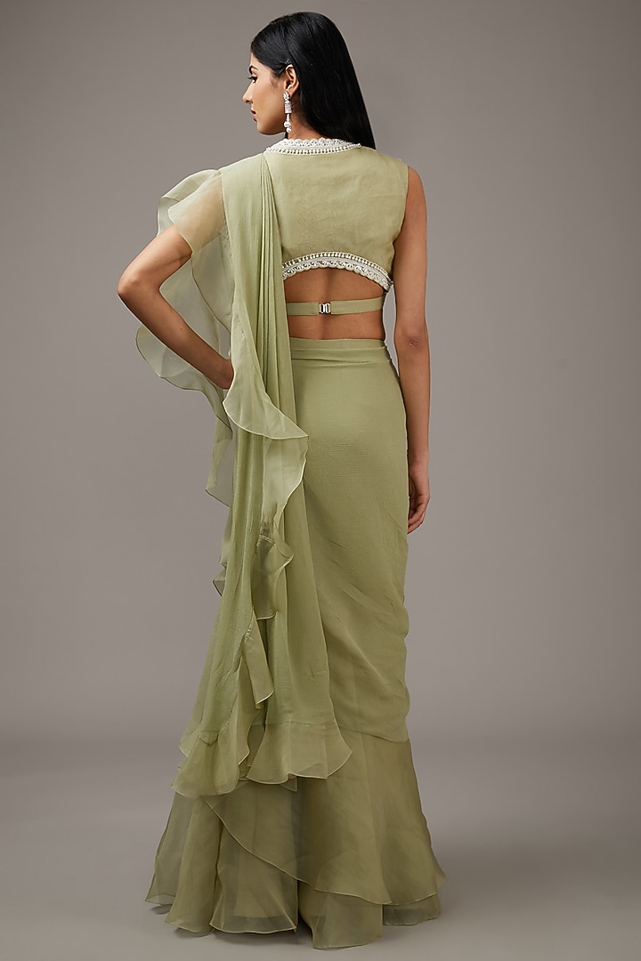 Sage Green Chiffon & Organza Ruffled Reception Saree Set by Ridhi Mehra at Pernia's Pop Up Shop