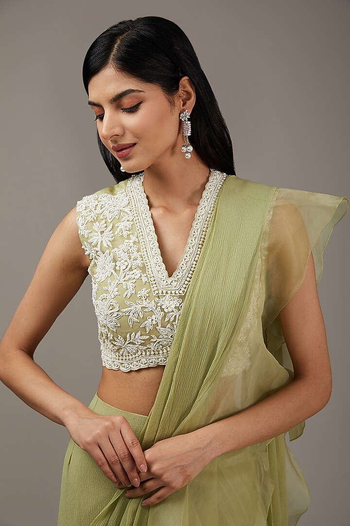 Sage Green Chiffon & Organza Ruffled Reception Saree Set by Ridhi Mehra at Pernia's Pop Up Shop