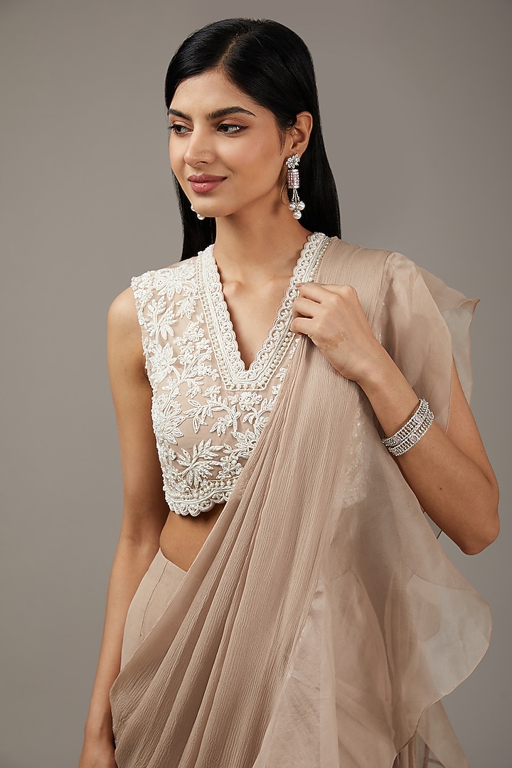 Champagne Chiffon & Organza Ruffled Reception Saree Set by Ridhi Mehra at Pernia's Pop Up Shop