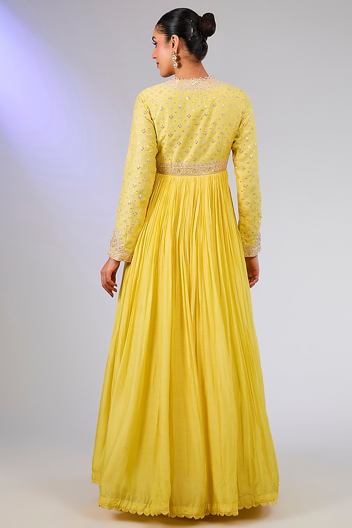 Yellow Fine SIlk Embroidered Bridal Anarkali Set by Ridhi Mehra at Pernia's Pop Up Shop