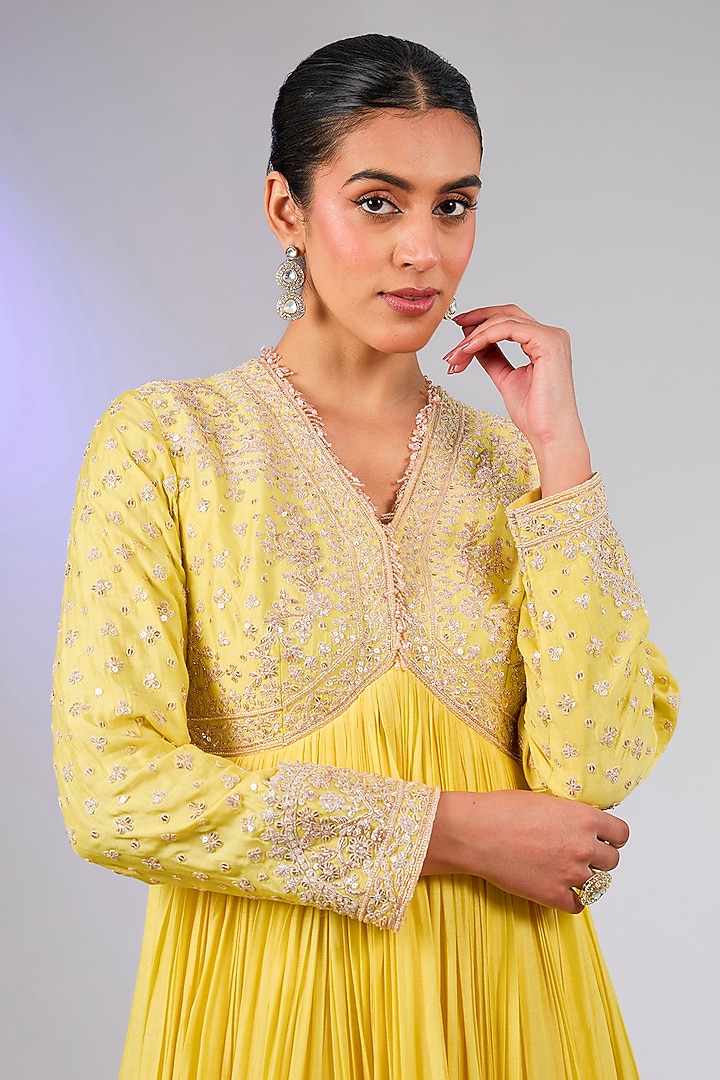 Yellow Fine SIlk Embroidered Bridal Anarkali Set by Ridhi Mehra at Pernia's Pop Up Shop