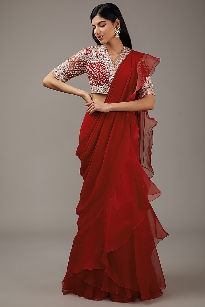 Red Ochre Chiffon & Organza Ruffled Draped Saree Set by Ridhi Mehra