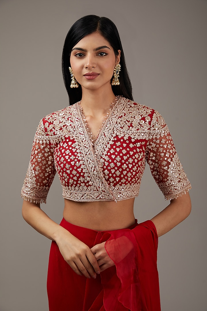 Red Ochre Chiffon & Organza Ruffled Draped Reception Saree Set by Ridhi Mehra at Pernia's Pop Up Shop