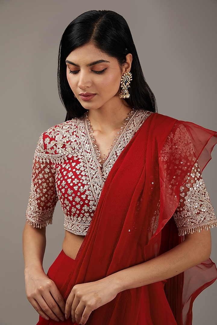 Red Ochre Chiffon & Organza Ruffled Draped Reception Saree Set by Ridhi Mehra at Pernia's Pop Up Shop