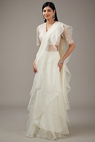Ivory Chiffon & Organza Ruffled Draped Saree Set by Ridhi Mehra