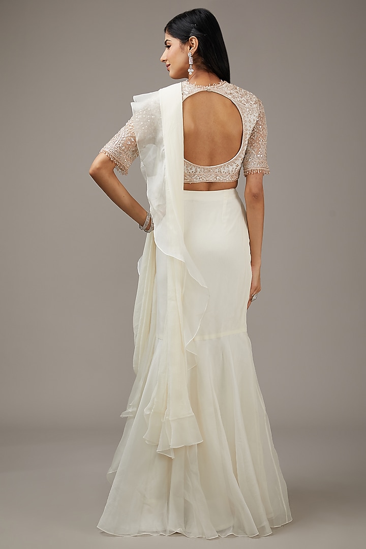 Ivory Chiffon & Organza Ruffled Draped Reception Saree Set by Ridhi Mehra at Pernia's Pop Up Shop